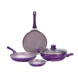 Wonderchef Royal Velvet Non-stick 5-piece Cookware Set (Fry Pan with Lid, Wok, Dosa Tawa, Mini Fry Pan) | Induction bottom | Soft-touch handles | PFOA and Heavy metals free | 3 mm thick | 2 years warranty | Purple