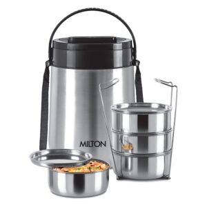 MILTON Steel Classic 4 Tiffin with Lifter, 4 Container, 300 ml Each, Silver | PU Insulated | Food Grade | Easy to Carry | Hot & Cold | Office | Outdoors | Food Grade