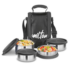 Milton Tasty 4 Stainless Steel Lunch Box with 4 Containers, (1 - 200 ml, 2 - 320 ml Each, 1 - 500 ml), Black | Leak proof | Easy to carry | Stainless Steel | Odour Proof | Food Grade | Light Weight | Easy to Clean