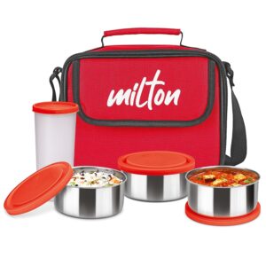 Milton New Steel Combi Lunch Box, 3 Stainless Steel Containers and 1 Plastic Tumbler with Jacket, Set of 4, Red | Food Grade | Light Weight | Dishwasher Safe | Easy to Carry | Leak Proof