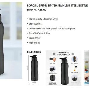 Borosil Stainless Steel Water Bottle, 750ml,