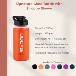 SignatureBottle - Borosilicate Bottle with Silicone Sleeve and Sipper lid 550ml