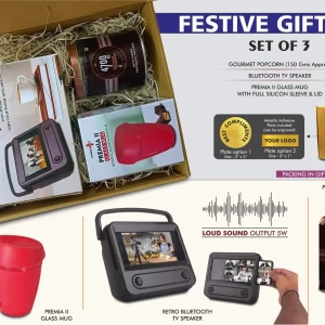 Festive Gift Set Of 3: Premium Glass Mug, Bluetooth TV Speaker & Gourmet Popcorn | Metal Plate Included