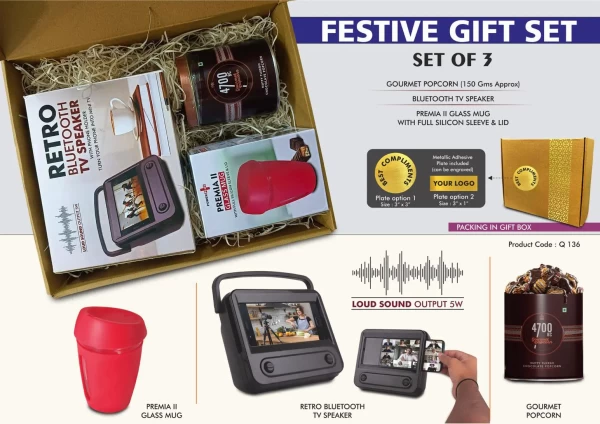 Festive Gift Set Of 3: Premium Glass Mug, Bluetooth TV Speaker & Gourmet Popcorn | Metal Plate Included