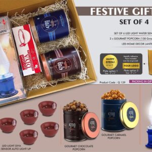 Festive Gift Set Of 4: 6 Pc Diya Set, 3 Step Lamp & 2 X Gourmet Popcorn | Metal Plate Included