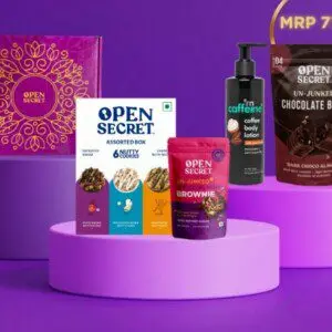 Open Secret Womens Day Combo Gift Set Hampers Coffee Body Lotion 250ml Dark Chocolate Bars - Pack of 4 Choco Almond Brownie (x1) Assorted Story Box Festive Gift Box