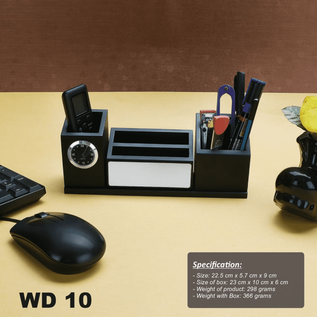 QUALICORP WOODEN DESKTOP (WD 10 ) WITH CLOCK, PEN STAND, CARD HOLDER , MOBILE STAND gift set for corporate employees