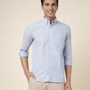 Fabindia Blue Cotton Striped Slim Fit Shirt