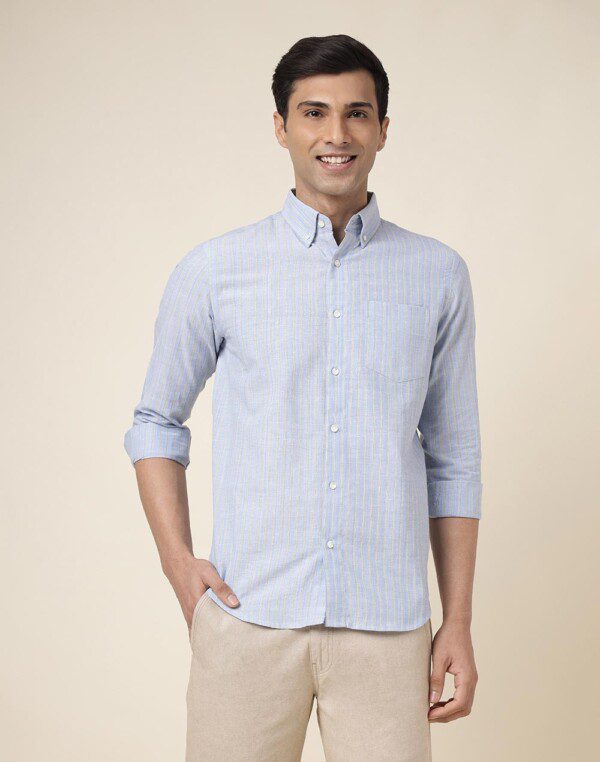 Fabindia Blue Cotton Striped Slim Fit Shirt