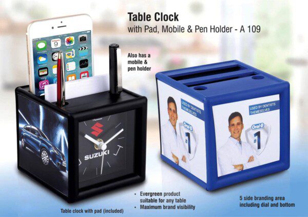 Table Clock With Pad And Mobile Holder 4 Side Branding Area Branding Included