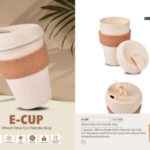 E - CUP Wheat Fiber Eco-Friendly Mug Capacity: 350ml * Single Wall * Natural Cork Grip * Anti Bacterial * Spill Proof Lid Made From WheatFiber Ample Branding Space