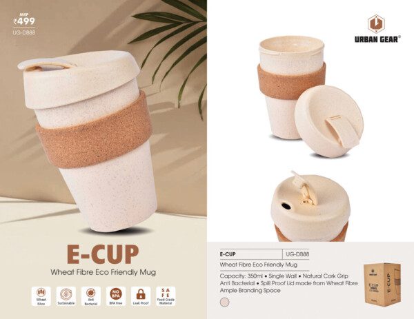 E - CUP Wheat Fiber Eco-Friendly Mug Capacity: 350ml * Single Wall * Natural Cork Grip * Anti Bacterial * Spill Proof Lid Made From WheatFiber Ample Branding Space