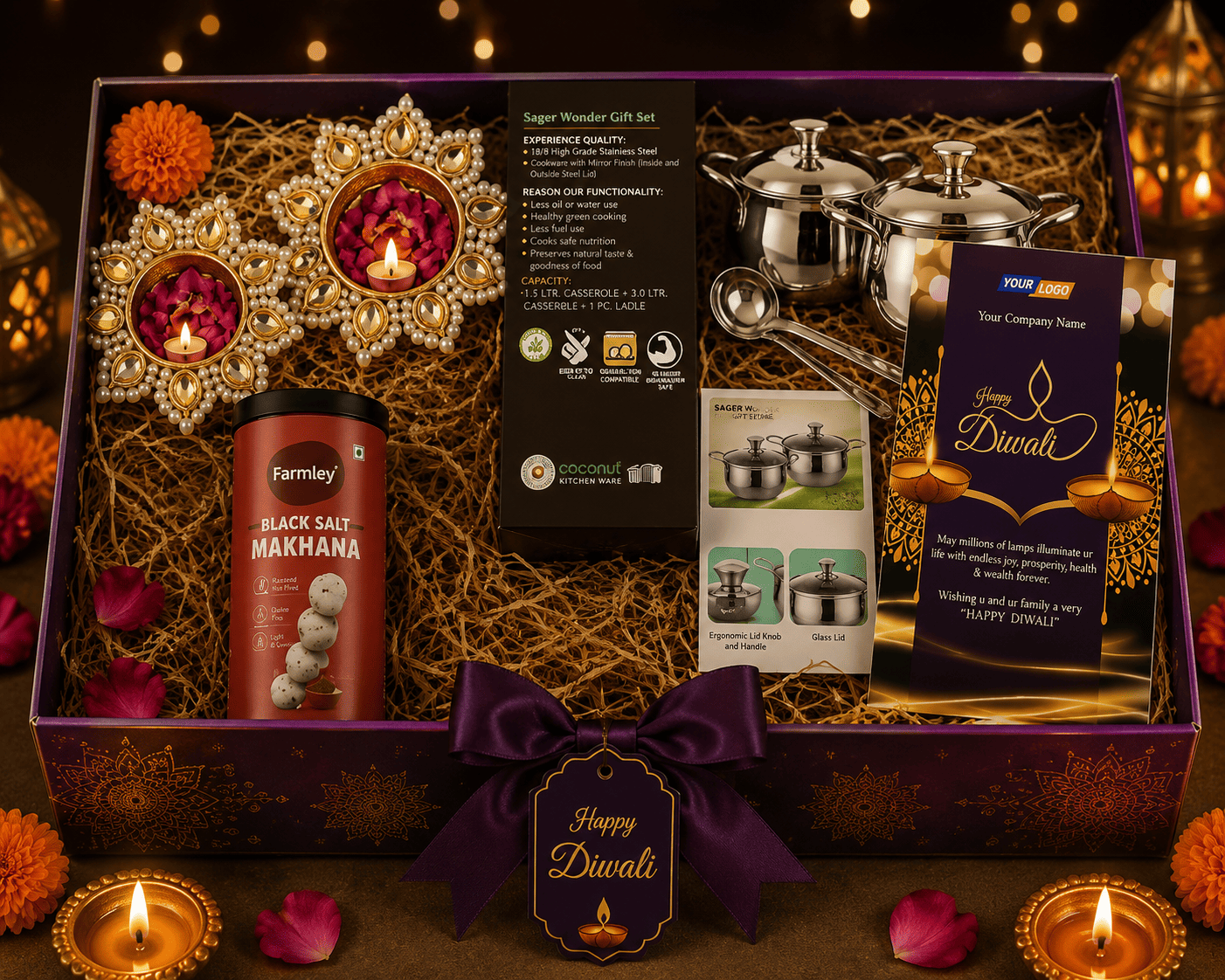 ChatGPT Image Jul 24, 2026, 06_58_29 PM Wonder gift set with makhana, greeting card, Diya set